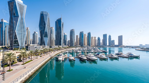 Dubai marina skyline with modern skyscrapers, luxury yachts docked in turquoise water, and palm trees along the waterfront promenade