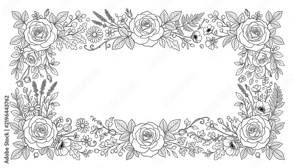Obraz premium Elegant Black and White Floral Frame with Roses, Wildflowers, Leaves, and Botanical Line Art for Wedding Invitations, Cards, and Decorative Designs
