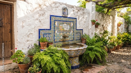 Traditional Spanish Tiled Fountain in Courtyard Garden