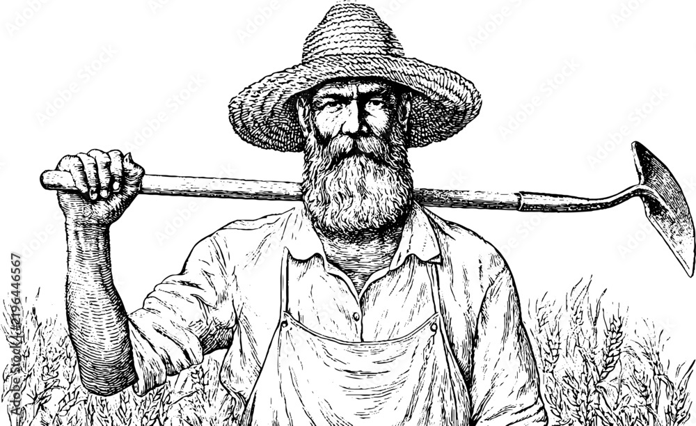 Fototapeta premium Antique engraved ukrainian farmer with straw hat and hoe in field isolated on white for rustic agricultural background and heritage poster design