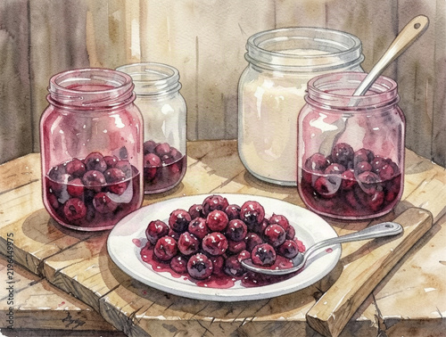 Watercolor illustration of homemade cherry jam in glass jars and fresh berries on a plate over wooden table