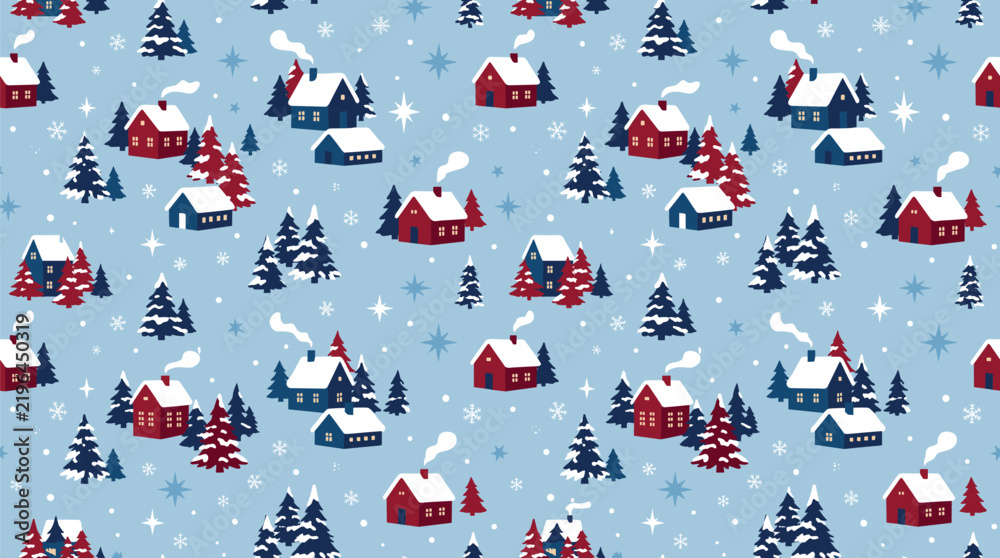 Fototapeta premium Seamless christmas pattern with cute winter houses and pine trees on a light blue background, festive holiday wallpaper design