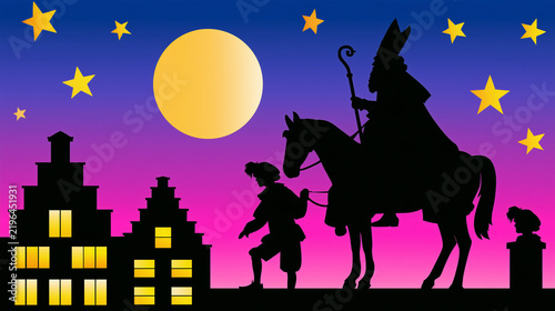 Sinterklaas, Saint Nicolas and black pete on Rooftop with Horse at Night. traditional Sinterklaas figure arriving on rooftops with a horse. Dutch and Belgian Saint Nicholas theme. seasonal greeting ca