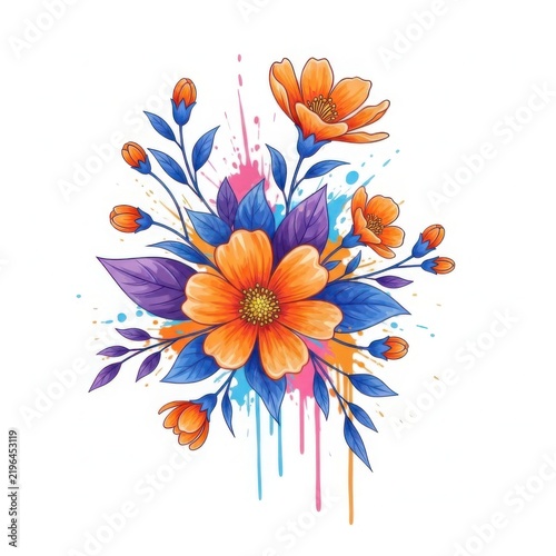 Colorful watercolor floral bouquet with paint splatter artistic design element
