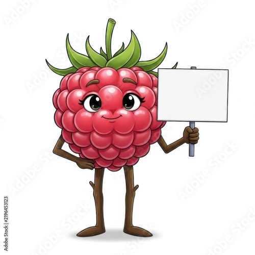 Cute cartoon raspberry character holding a blank sign
