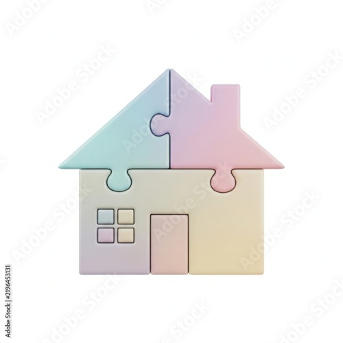 Colorful puzzle house icon made of plastic jigsaw pieces 3D rendering