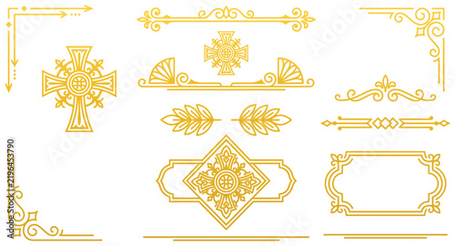 Golden religious ornament collection with crosses and frames for formal invitations and luxury church designs.