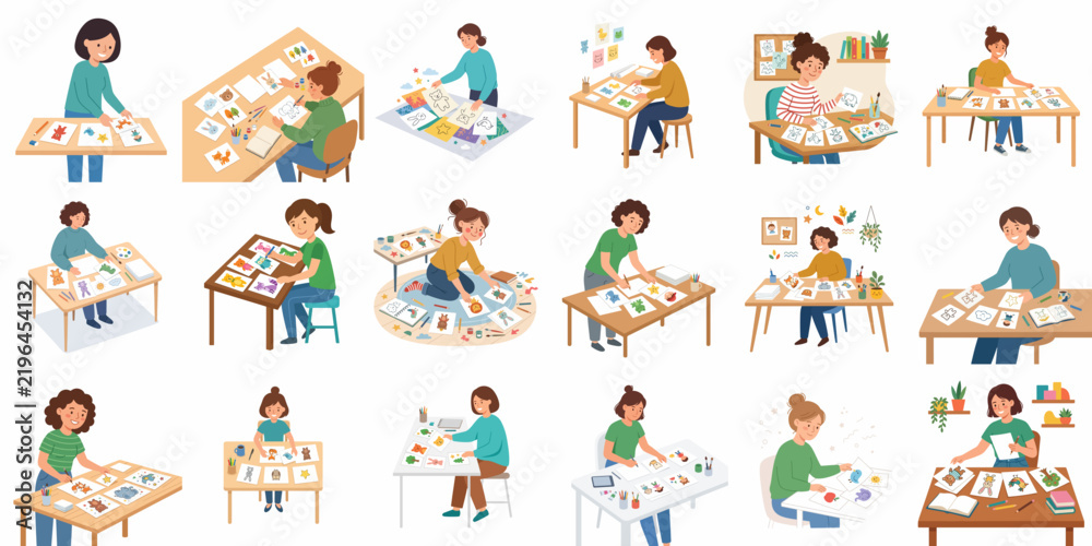 Fototapeta premium Flat vector illustration set of a young woman engaged in various creative activities like drawing, scrapbooking, painting, and crafting at a workspace desk, isolated on white background.