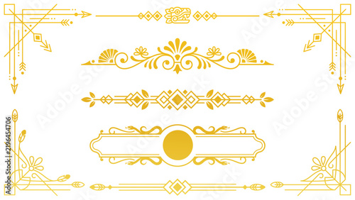 Set of gold art deco frames and dividers featuring ancient symbols and arrows for luxury wedding card invitations.