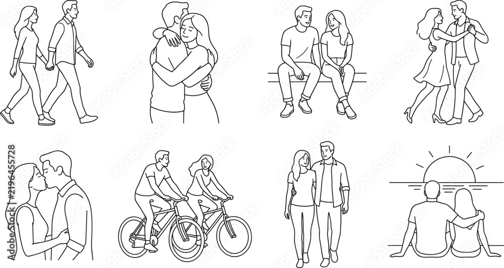 Obraz premium Black and White Vector Illustrations of Couples Sharing Affection and Everyday Relationship Activities
