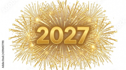Golden 2027 text surrounded by bright firework explosions isolated on a white background