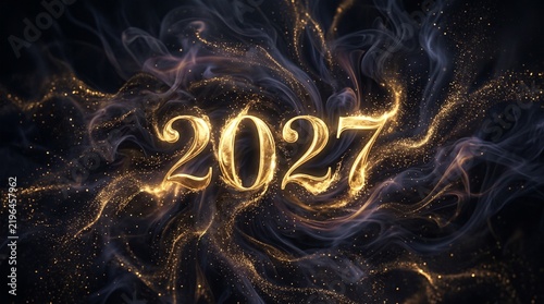 Golden 2027 numbers glowing amidst swirling dark smoke and glittering particles on black background