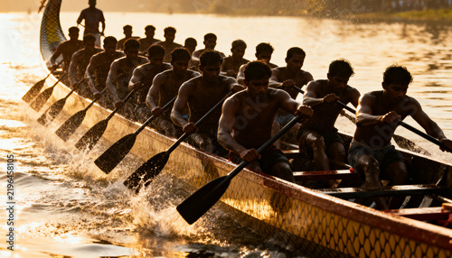 Traditional snake boat rowers synchronize their powerful strokes during a competitive racing event at golden sunset