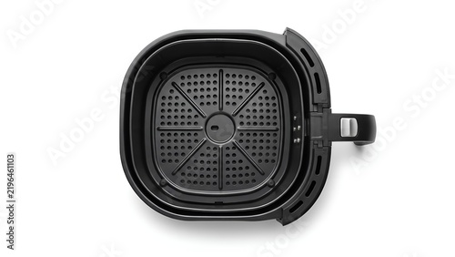 Top down view of an empty black air fryer basket.