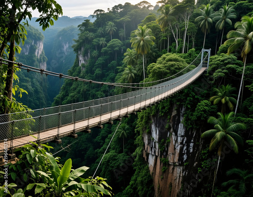 A bridge stretches across a deep valley in a jungle. The scene shows dense green trees and plants surrounding the area. Sunlight breaks through the leaves above Generative AI