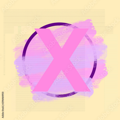 Vector illustration of letter X monogram logo with pink watercolor brush stroke background and purple circular frame. Artistic alphabet typography design template for beauty brand identity.