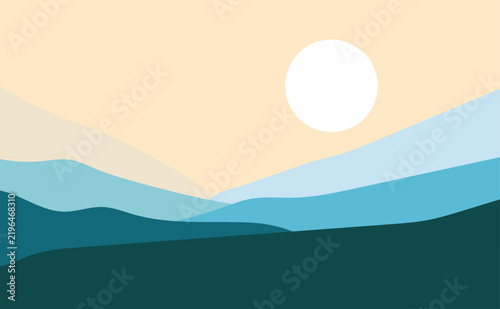 Abstract landscape vector illustration with layered blue mountains and minimalist sun background
