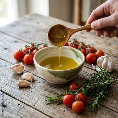 Hand Pouring Golden Olive Oil into a Rustic Ceramic Bowl with Fresh Herbs
