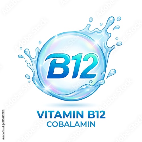 Vitamin B12 Cobalamin Supplement Concept with Dynamic Water Splash Design