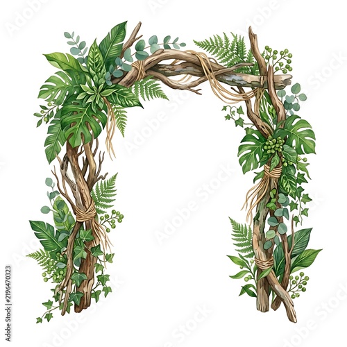 Tropical foliage wedding arch with branches, isolated on white background