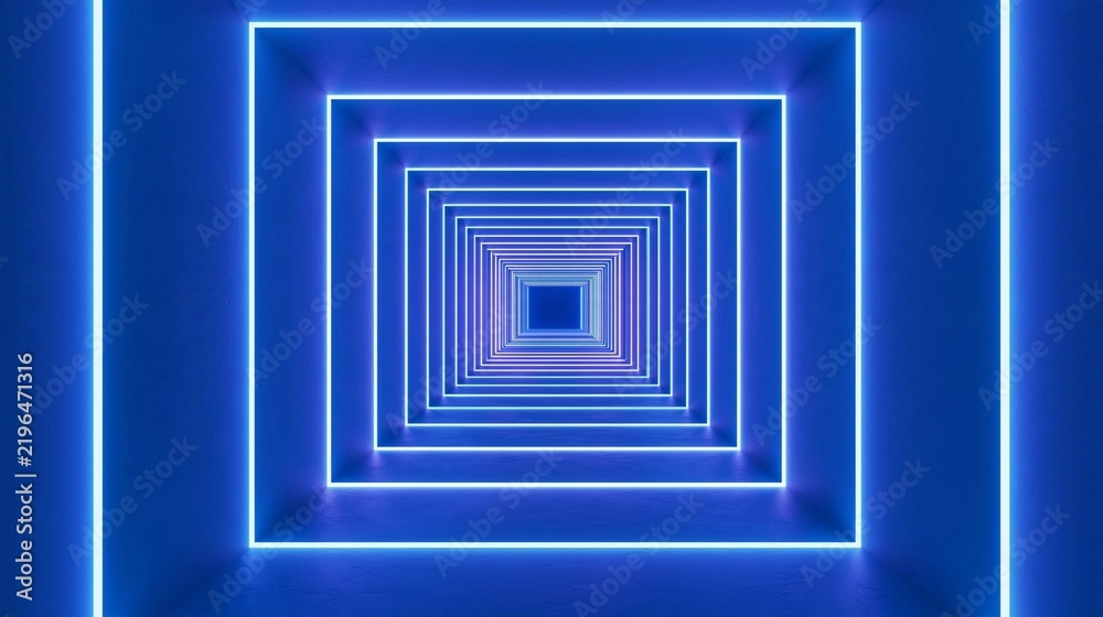 Fototapeta premium 3d rendering of a tunnel-like structure with a blue neon light in the center. the tunnel appears to be made up of multiple layers of blue neon lights that are arranged in a grid-like pattern.