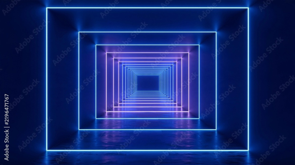 Fototapeta premium 3d rendering of an empty room with a tunnel-like structure in the center. the walls and floor are made of concrete and the floor is made of blue and purple neon lights.