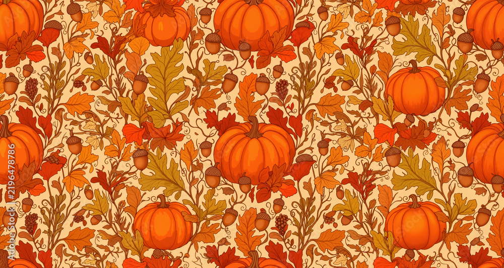 Autumn seamless pattern with pumpkins, plants, leaves, acorns
