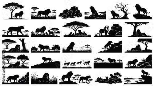 Lion Silhouettes in Natural Habitat Landscape with Trees and Rocks