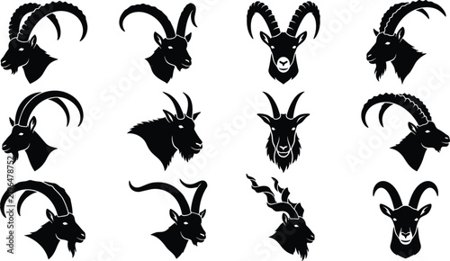 Set of Ibex and Mountain Goat Silhouettes with Large Horns