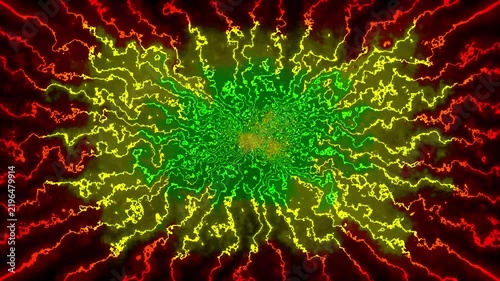 Vibrant green, yellow and orange neon energy lines radiating from the center, creating a dynamic abstract lightning burst loop.