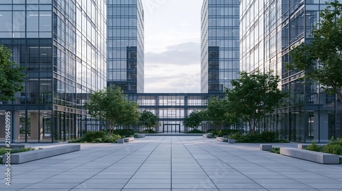 Modern cityscape with tall skyscrapers in the background. the buildings are made of glass and steel, and they are arranged in a grid-like pattern.