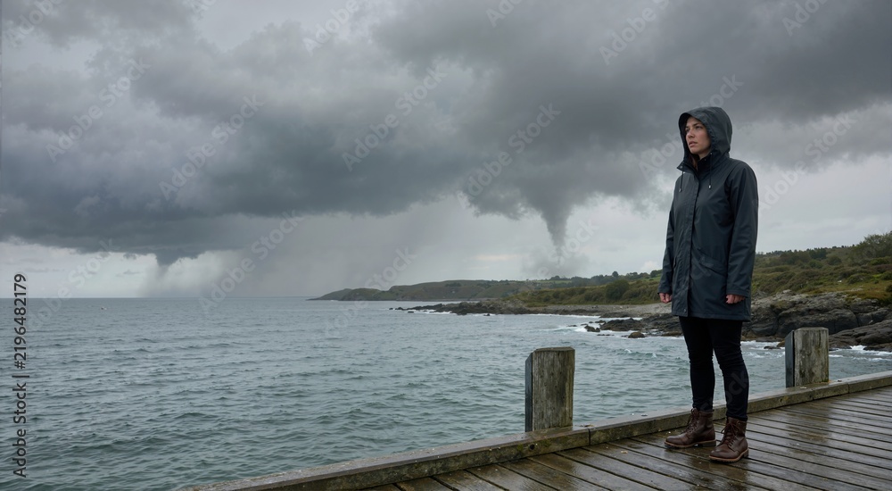Fototapeta premium Woman standing on a wooden pier watching a hurricane approaching. Stormy weather and natural disaster