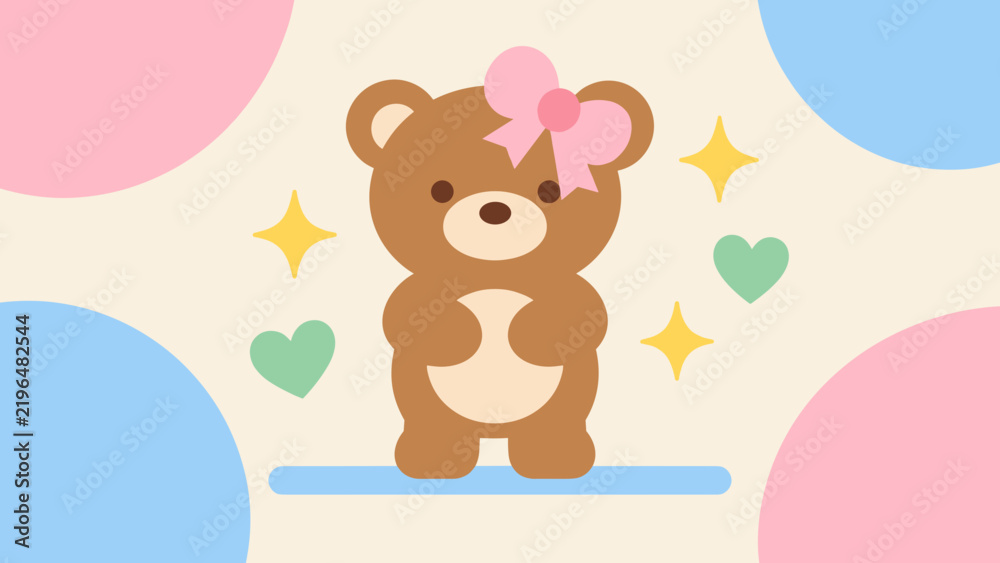 Fototapeta premium Soft teddy bear with pink bow on head. Pastel shapes float around in gentle hues. Tiny hearts and stars glow nearby. Sweet and calm, perfect for children's themes