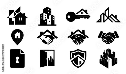 Property Agency Real Estate Logo Set, House Key Building and Location Flat Black White Vector Collection
