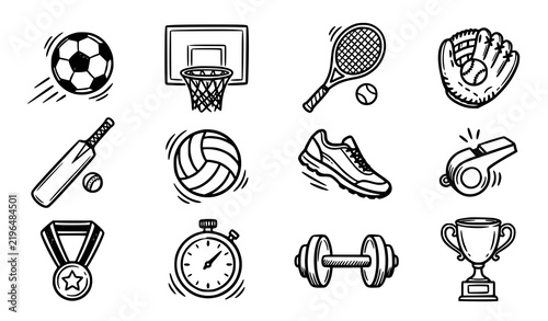 Doodle Sport Icons Set, Hand Drawn Sports Equipment and Fitness Symbols Black White Vector Collection