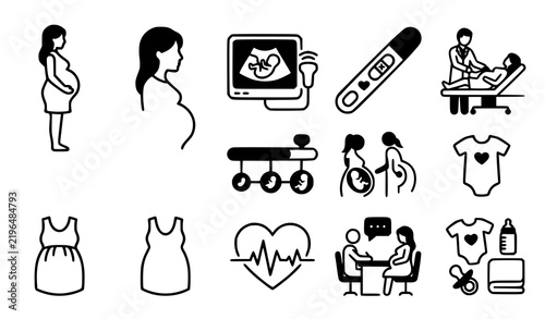 Pregnancy and Maternity Icon Set, Expecting Mother Ultrasound Prenatal Care Stroke Flat Black White Vector