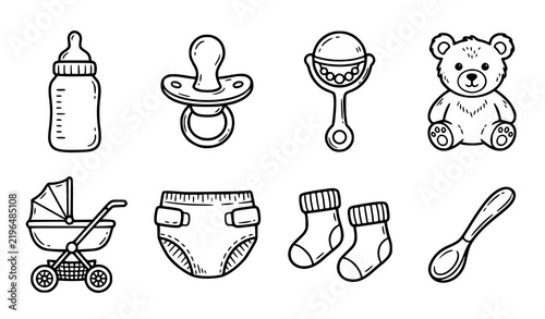 Baby Icons Hand Drawn Doodle Set, Newborn Nursery and Infant Care Black White Vector Collection