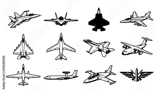 Military Aircraft Vector Set, Fighter Jet Interceptor and Army Aviation Airplane Black White Illustrations