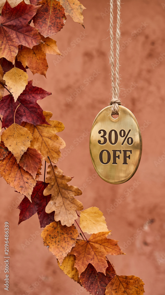 Obraz premium Autumn leaves frame a brass tag with 