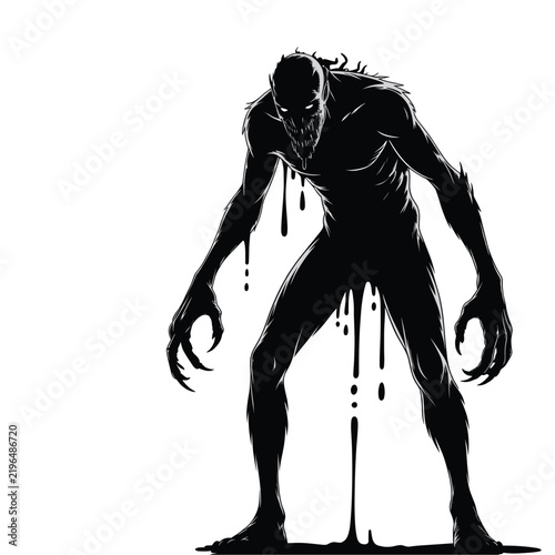 Obraz na plátně A terrifying black monster creature with sharp claws and glowing white eyes drip