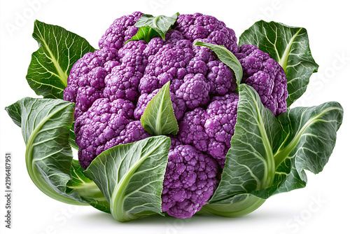 Purple cauliflower on a white background with green leaves surrounding it