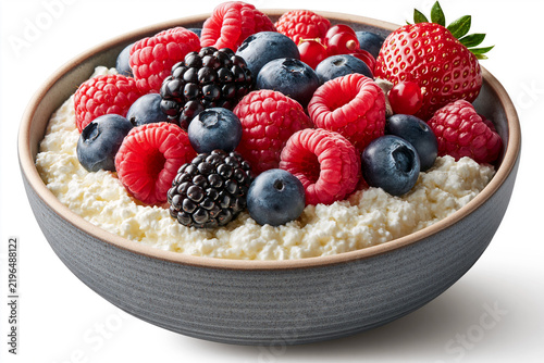 Cottage cheese bowl with berries for breakfast or snack in a simple kitchen