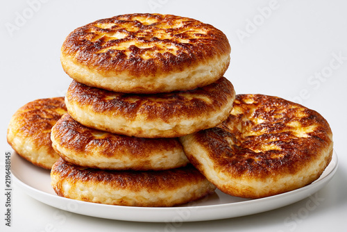 Freshly cooked flatbreads stacked on a white plate in a kitchen setting