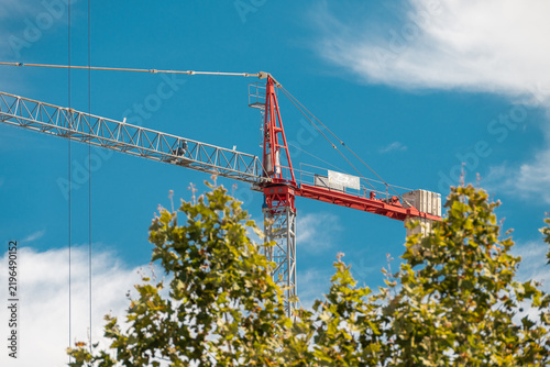Foto A red and gray construction crane towers above lush green tree canopies under a bright blue sky