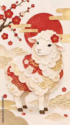 和柄と梅の花をあしらった羊の切り絵風イラスト / Paper cut style sheep illustration with Japanese patterns and plum blossoms (Generative AI)