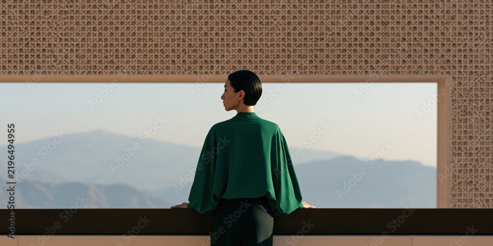 Obraz premium Female figure in green blouse framed by decorative screen and wide window with distant mountains for minimalist background and poster design