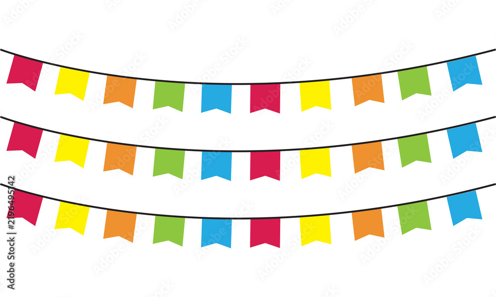 Fototapeta premium Three rows of colorful festive bunting flags hanging on strings isolated on transparent background