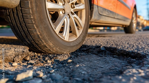 Close up of car wheel driving over deep pothole in asphalt road