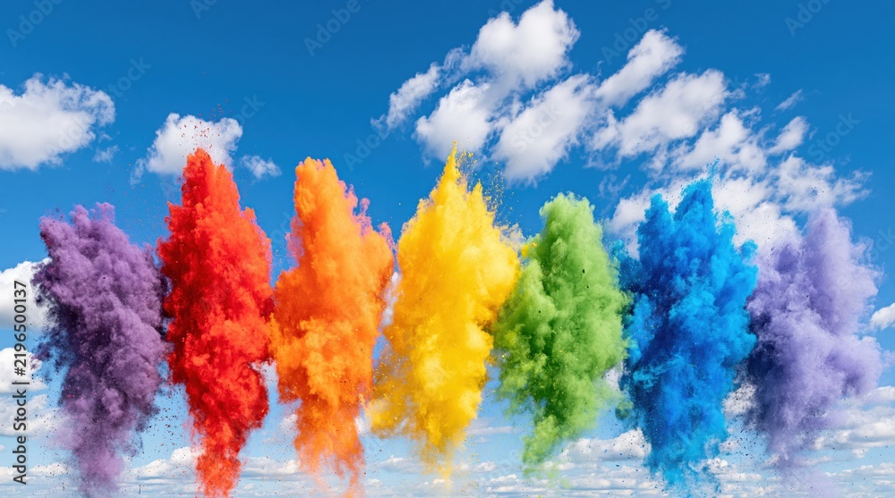 Fototapeta premium Rainbow colored powder explosions against blue sky with clouds