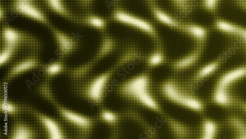 Abstract background, with yellow halftone, liquid wave pattern, of dots on, a dark olive, green surface, creating, a flowing motion, visual effect